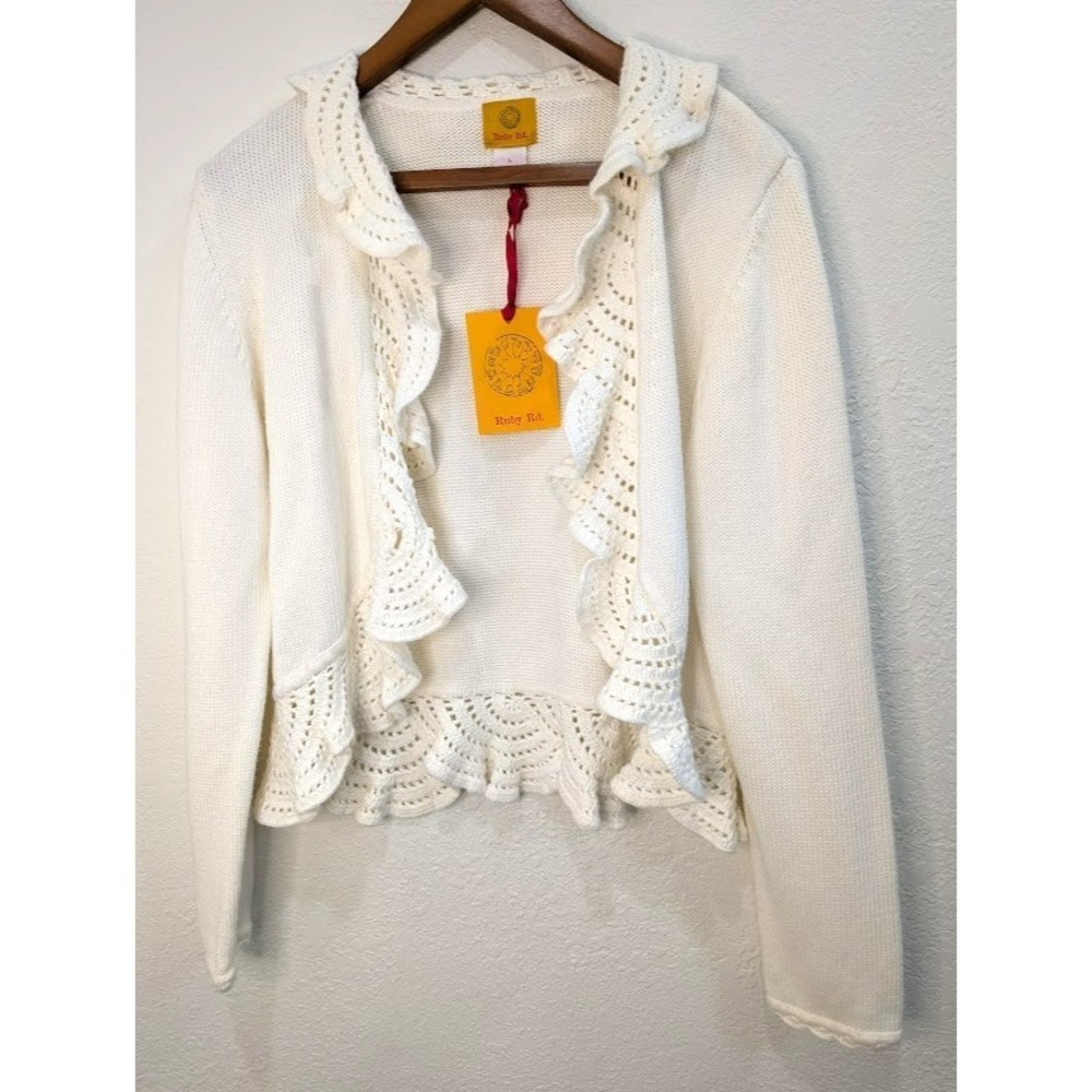 Ruby Rd. Cream Knit Cardigan Scallop Crochet Ruffle Edge Womens‎ Size Large NEW